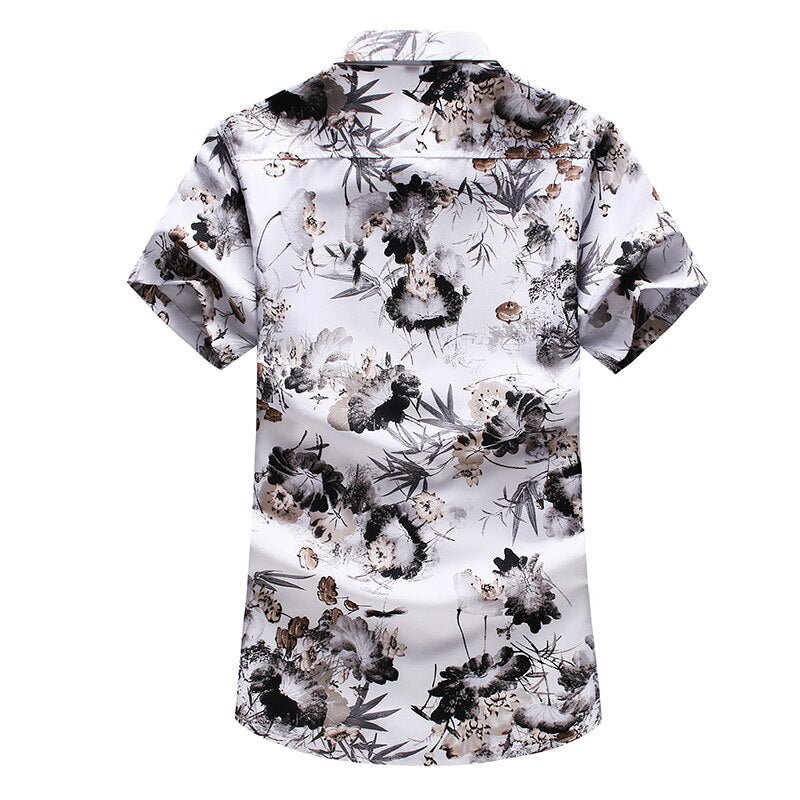 Chemise Hawaïenne Soirée Mode Masculine Coton Lin Couleur Blanche Avec Imprimé Fleuri