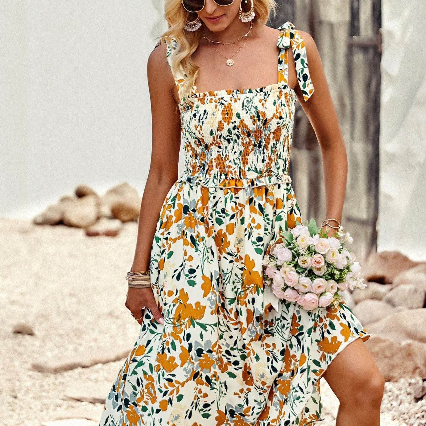 Robe Hawaïenne Jaune Haut Smocké