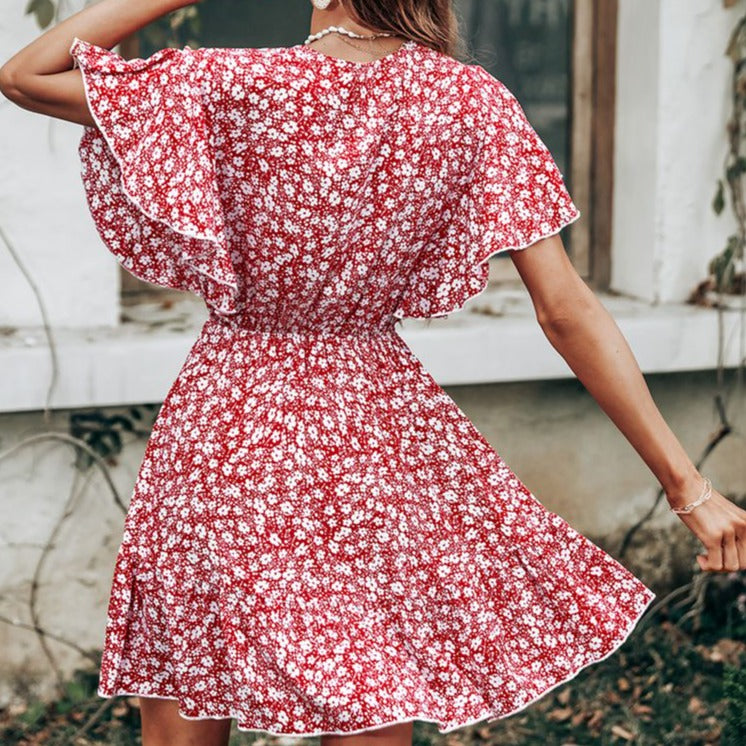 Robe Hawaïenne Rouge Manches Papillons