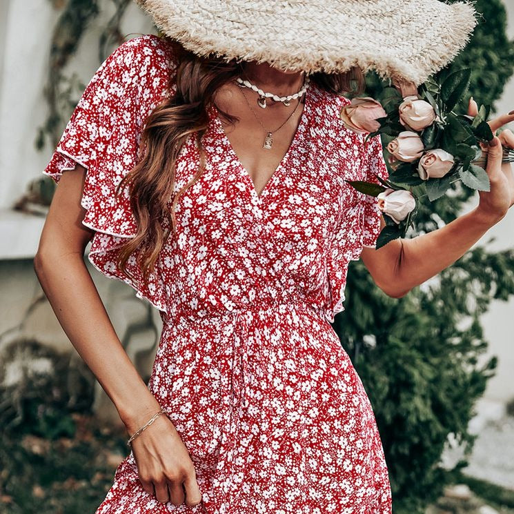 Robe Hawaïenne Rouge Imprimé Pâquerettes