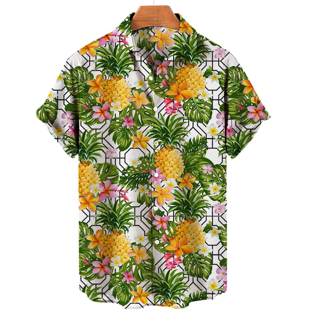 Chemise hawaïenne à fleurs et ananas pour hommes - Violet - Manches Chemise hawaïenne à fleurs et ananas pour hommes - Violet - Manches