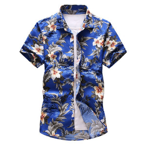 Chemise Hawaïenne Bleu Vêtement Mode Masculine Manches Courtes Imprimé À Fleurs Et Boutonné