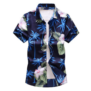 Chemise Hawaïenne Palmiers Bleu Ou Blanche Avec Manches Courtes Imprimé Fleurs Vêtement