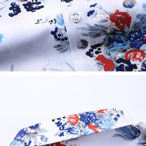 Chemise Hawaïenne Viscose Blanche Bleu Rouge À Fleurs