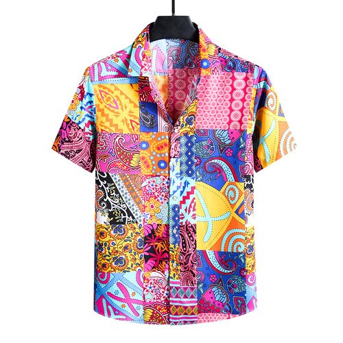OrcaJump - Chemse Boutonnée Color Block Turndown Hawaan pour Hommes